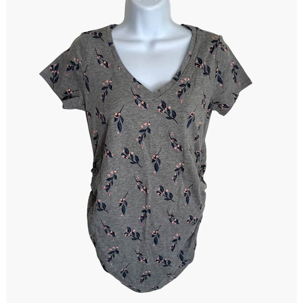 Motherhood Maternity Size Small NWT Gray Floral Ruched V-Neck T-Shirt